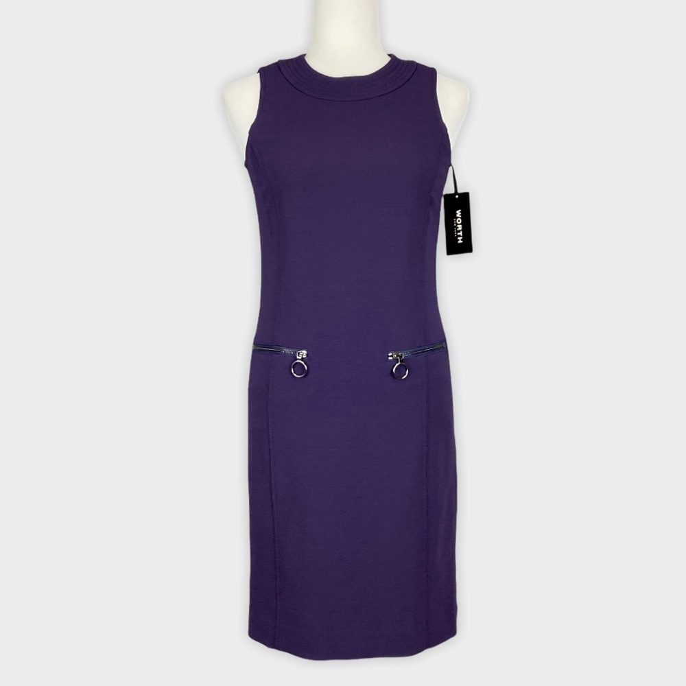Worth New York Womens Purple Wool Sleeveless Sheath Dress Zip Pockets size x0